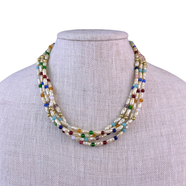 Multi-Color Freshwater Pearl & Gold Tone Beaded Necklace Multi-Strand