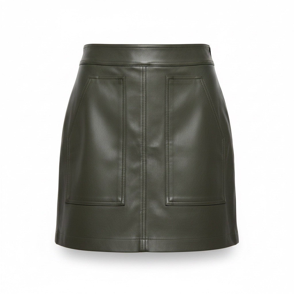 Loft Petites Womens Dark Olive Faux Leather Mini Skirt Size 4P Chic