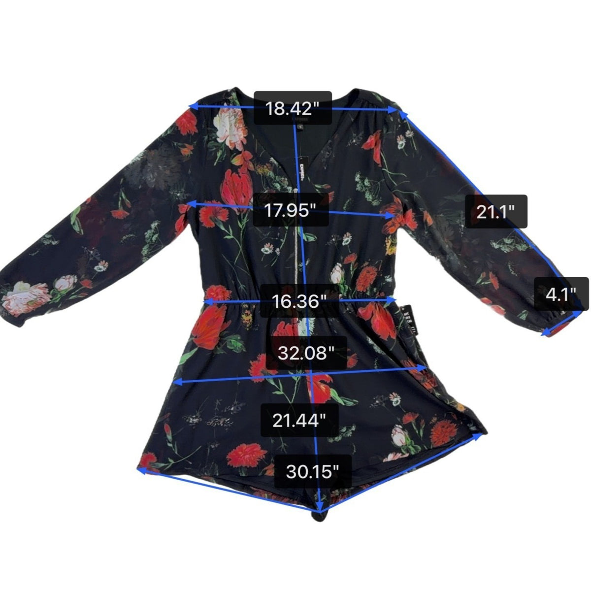 Express Womens Black Polyester Floral Long Sleeve Romper Machine Washable Size L