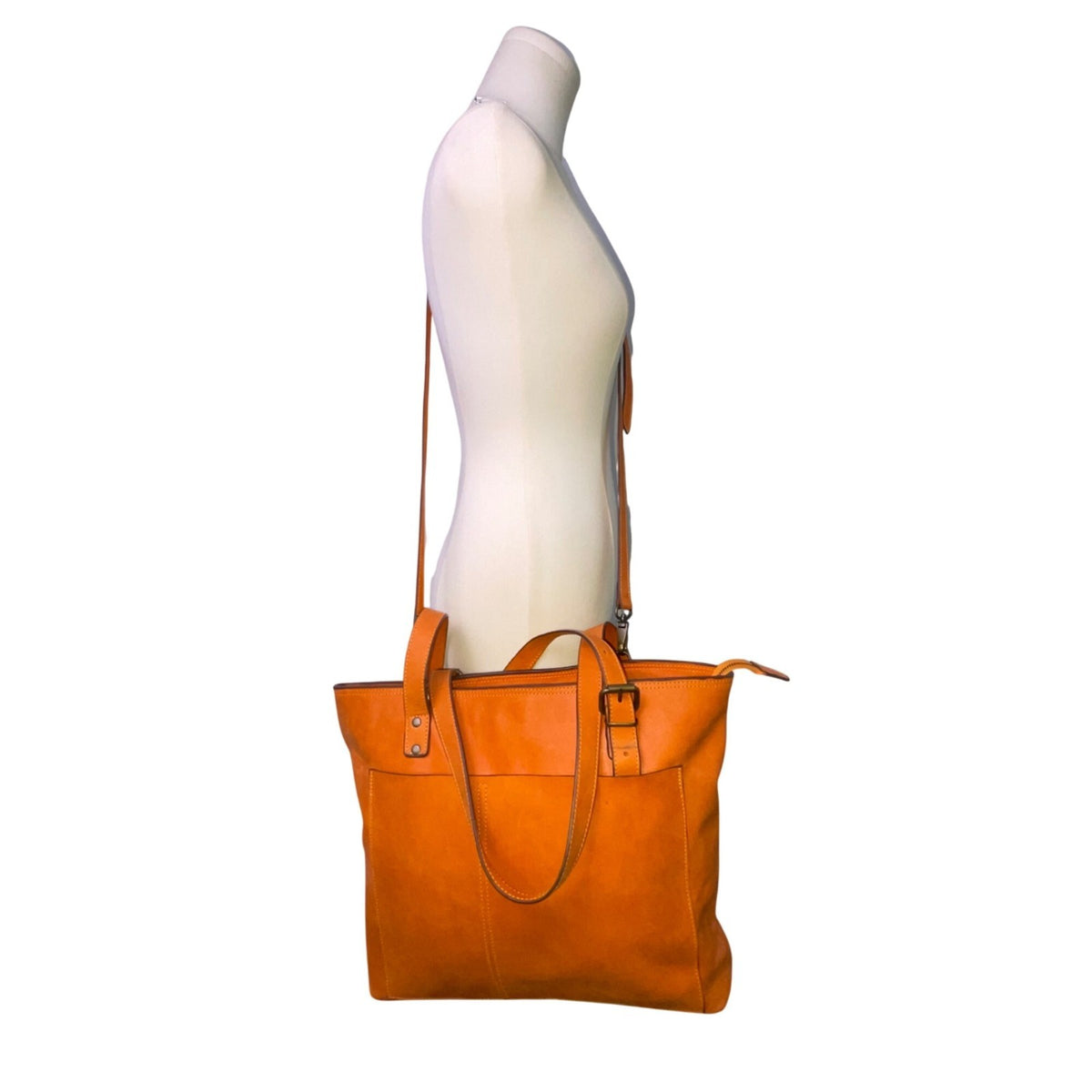 Women’s Orange Leather Adjustable Straps Zip Closure Inner Pockets Tote Bag