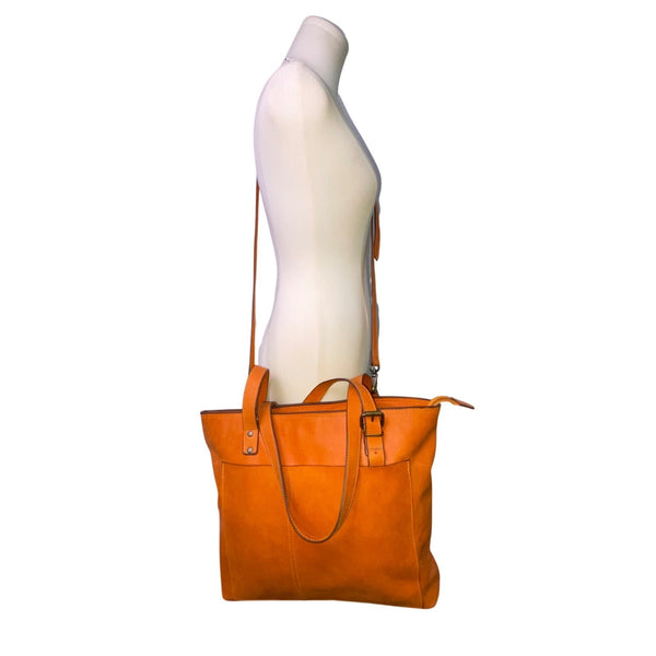 Women’s Orange Leather Adjustable Straps Zip Closure Inner Pockets Tote Bag
