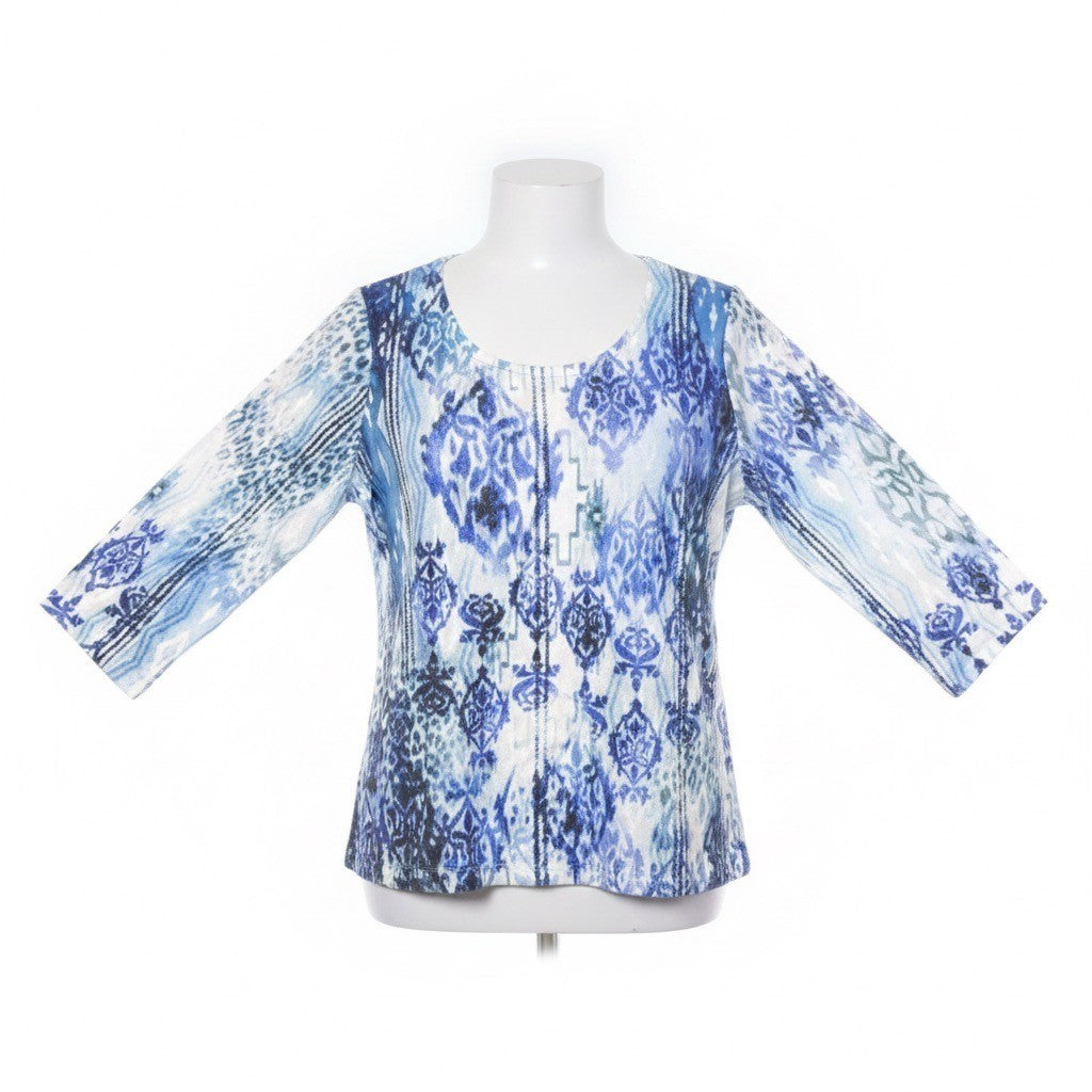 Chicos Womens Blue Ikat Print 3/4 Sleeve Top With Rhinestone Detail  Size 3