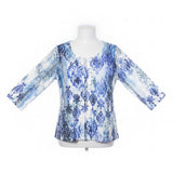 Chicos Womens Blue Ikat Print 3/4 Sleeve Top With Rhinestone Detail  Size 3