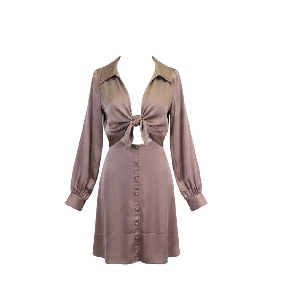 Asos Womens Mauve Tie-Front Long-Sleeve Dress Buttoned Size US 10