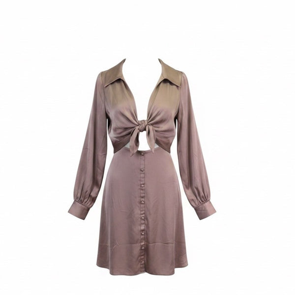 Asos Womens Mauve Tie-Front Long-Sleeve Dress Buttoned Size US 10