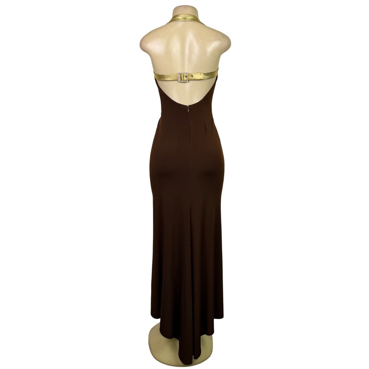Cache Womens Brown Halter Maxi Gown With Metallic Gold Straps Sz 4
