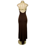 Cache Womens Brown Halter Maxi Gown With Metallic Gold Straps Sz 4