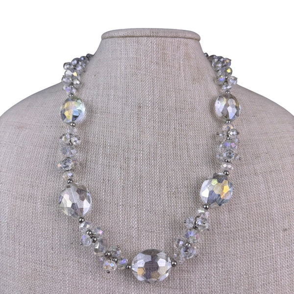 Vintage Womens Clear Crystal Bead Necklace & Earrings Set Adjustable Chain