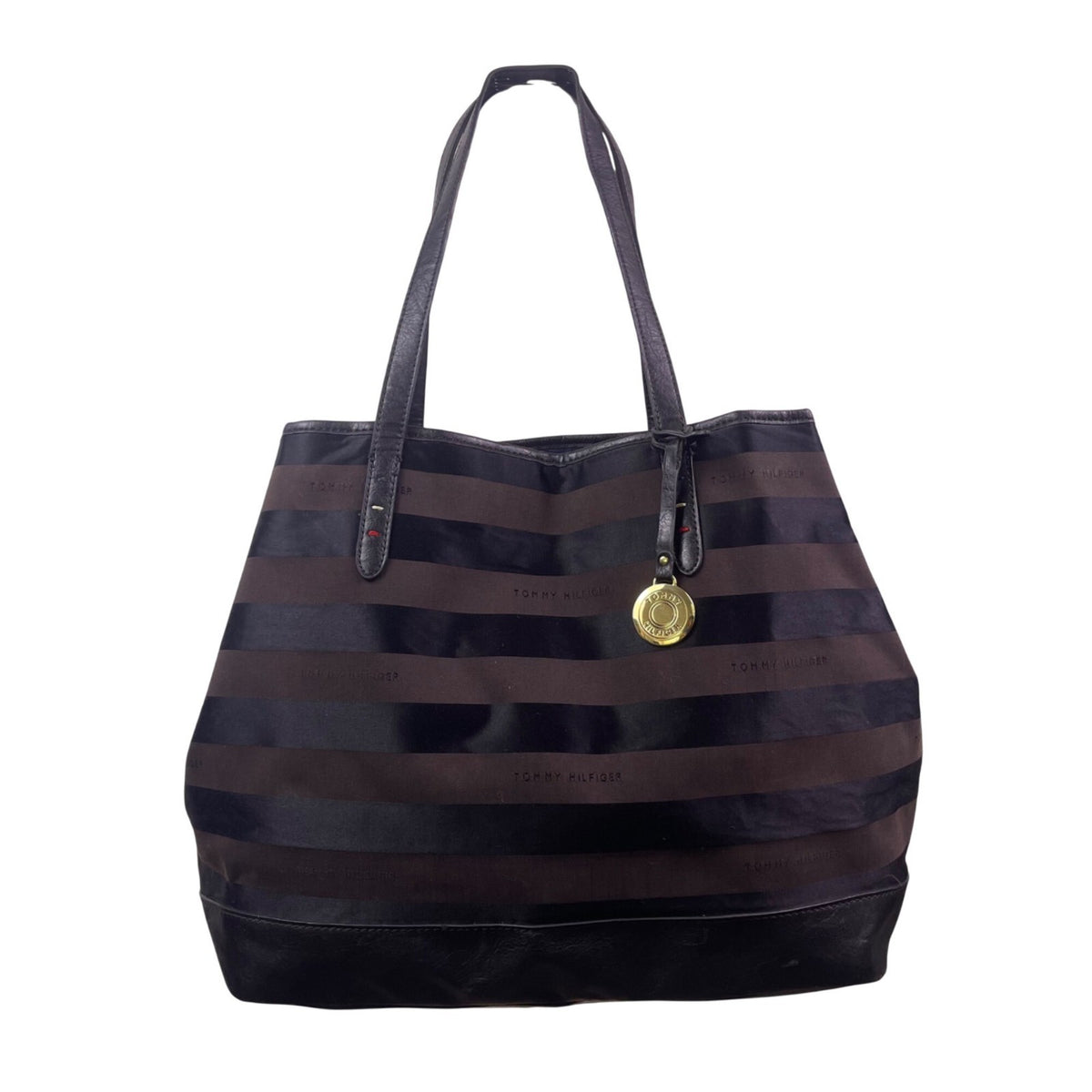 Tommy Hilfiger Women’s Black Striped Nylon & Leather Everyday Tote Bag