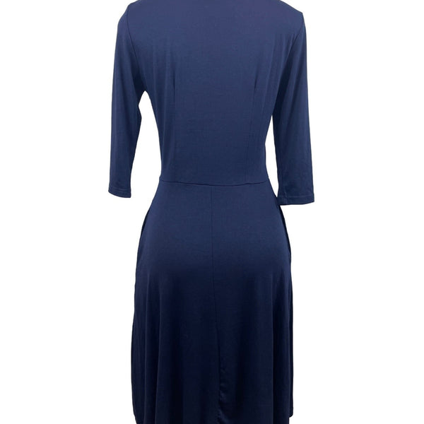 Navy Blue Womens Knit Dress With Bow Front & Pockets Soft Comfortable Medium Siz