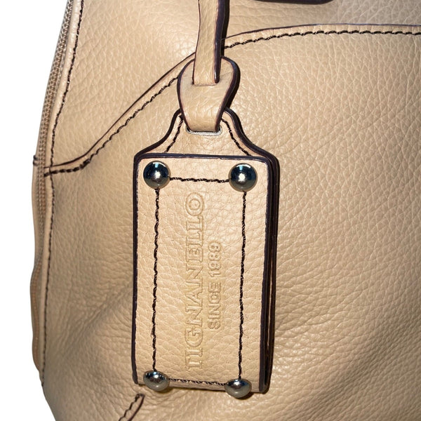 Tignanello Women’s Beige Genuine Leather Pebbled Shoulder Bag With Zip Closure