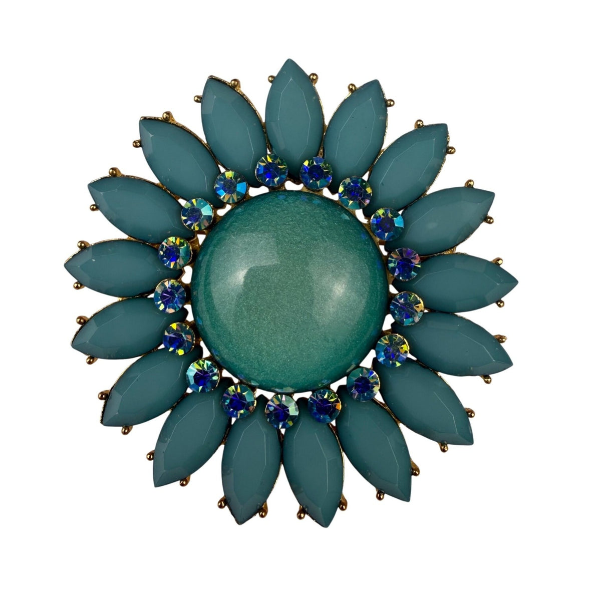 Vintage Teal & Gold Brooch Round Floral Rhinestone Pin Costume Jewelry