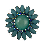 Vintage Teal & Gold Brooch Round Floral Rhinestone Pin Costume Jewelry
