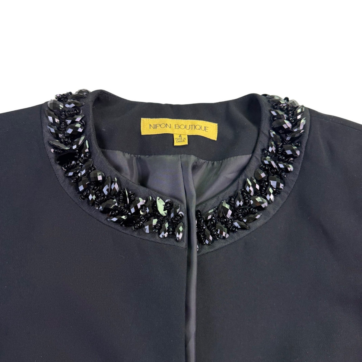 Nipon Boutique Womens Black Embellished Collar Open-Front Jacket Size 4