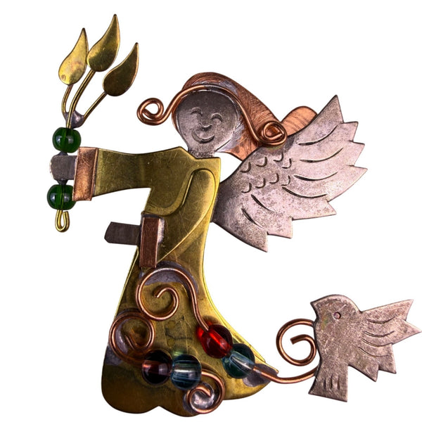 Handcrafted Angel Brooch Mixed Metal Multicolor Beads Vintage Artisan Quality