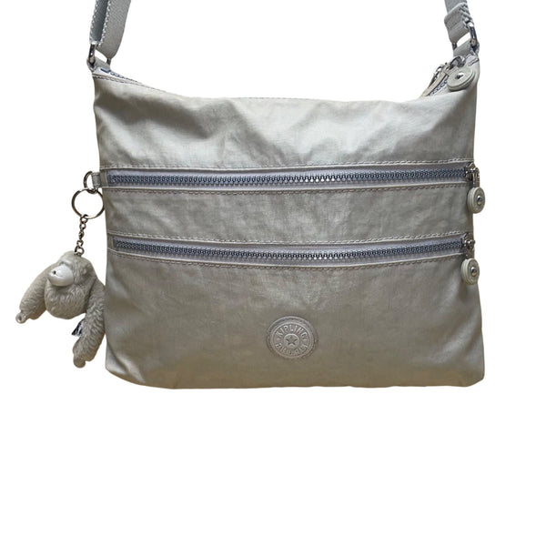 Kipling Women’s Silver Metallic Zippered Pockets Adjustable Strap Crossbody Bag