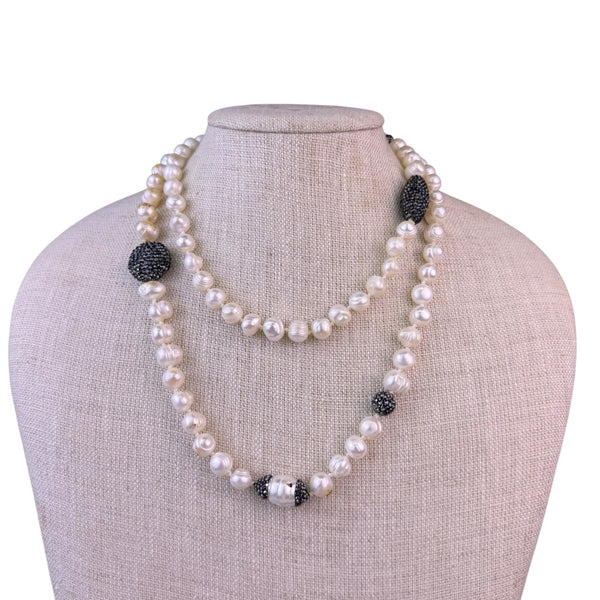 Contemporary Baroque Pearl Necklace With Black Pave Accented Spacers Elegant