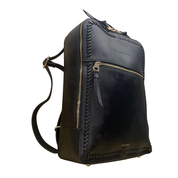 Calpak Unisex Black Leather With Gold Zipper Accents Whipstitch Laptop Backpack