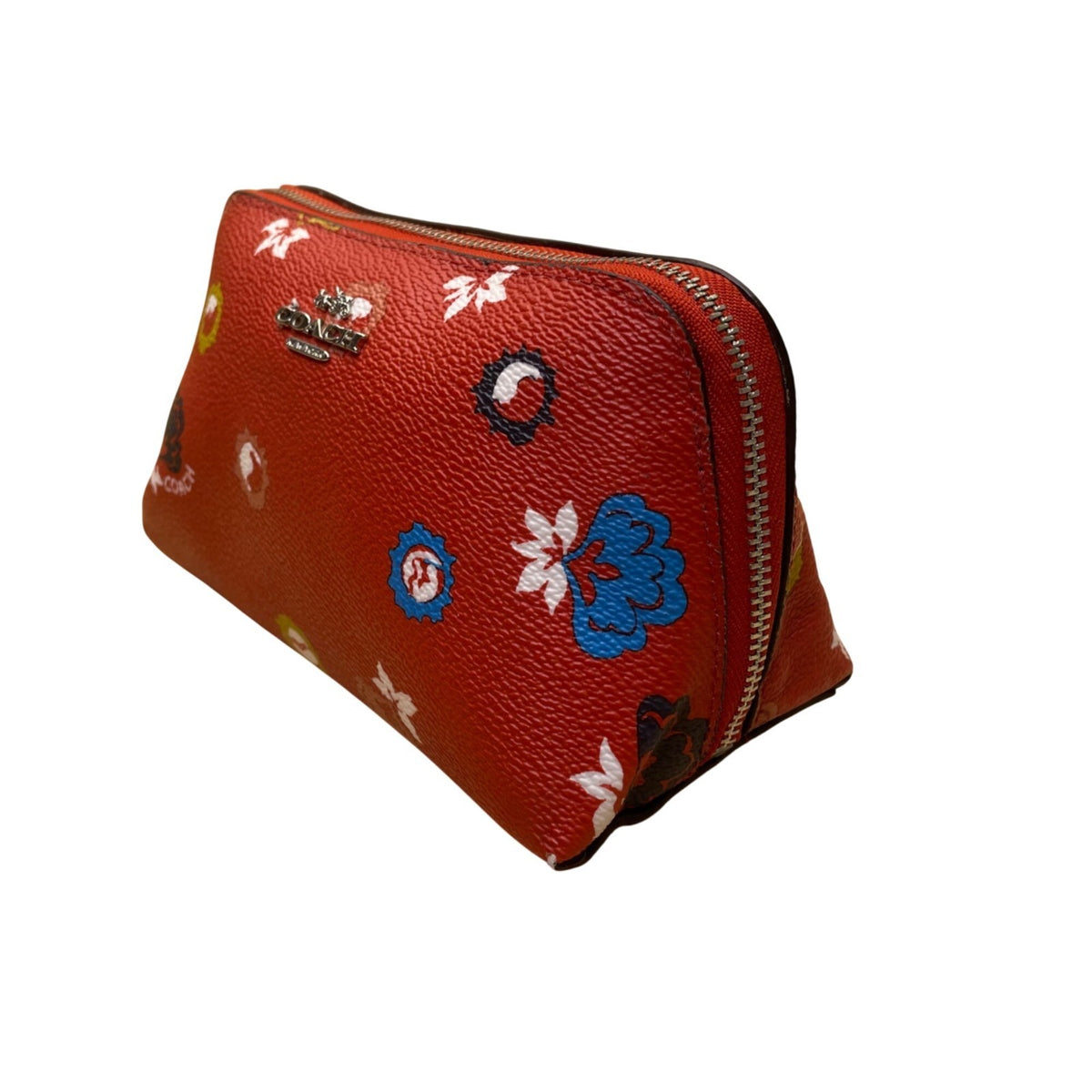 Coach Women’s Red Leather Floral Print Zip Closure Cosmetic Bag