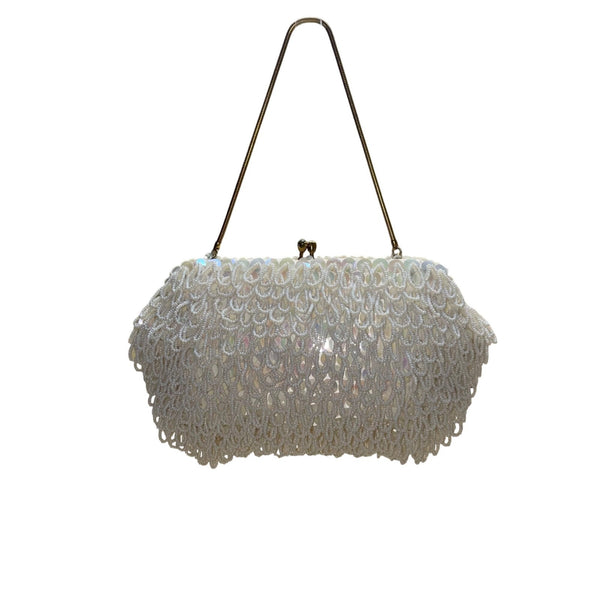 Vintage ADG Women’s White Fringe Beaded Satin Metallic Strap Clutch Bag