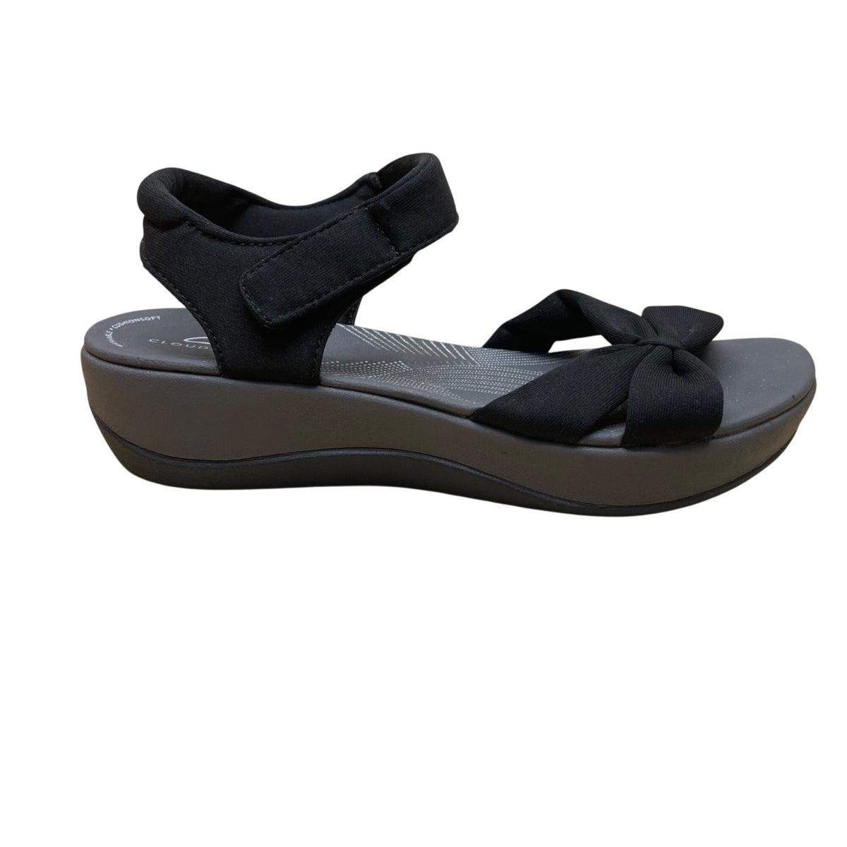 Clarks Women's Black Fabric Adhesive Strap Closure Bow Detail Sandals Size 7.5