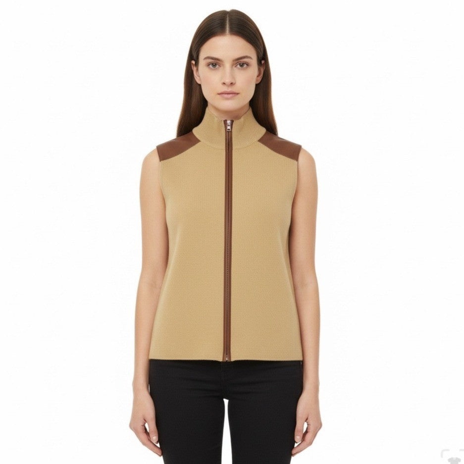 Lauren Ralph Lauren Womens Beige Sleeveless Vest With Faux Leather Trim Size XL