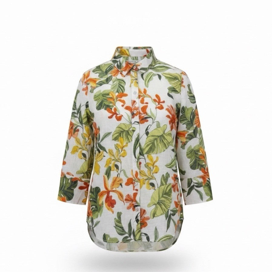 Chicos Womens White Multi Linen Button-Up Floral Shirt Vibrant Size 1 US 8