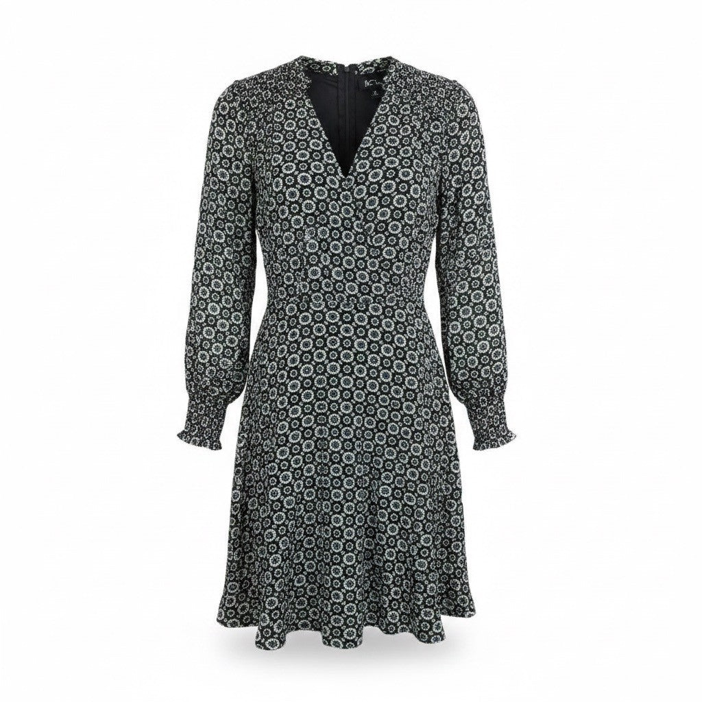 BCX Womens Black & White A-Line Dress With Floral Print And Long Sleeves Sz M
