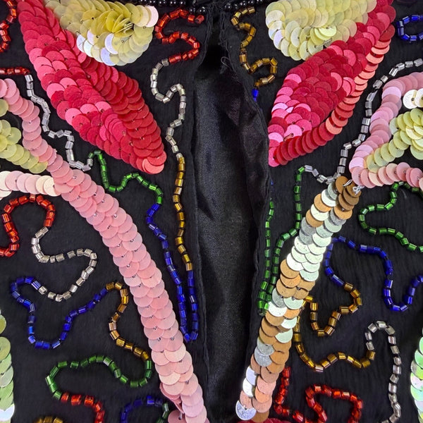 Swee Lo Womens Black Silk Beaded & Sequin Shirt Floral Design Size L