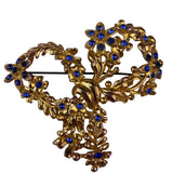 Vintage Gold Tone Floral Brooch With Blue Rhinestones Metal Lightweight Jewelry