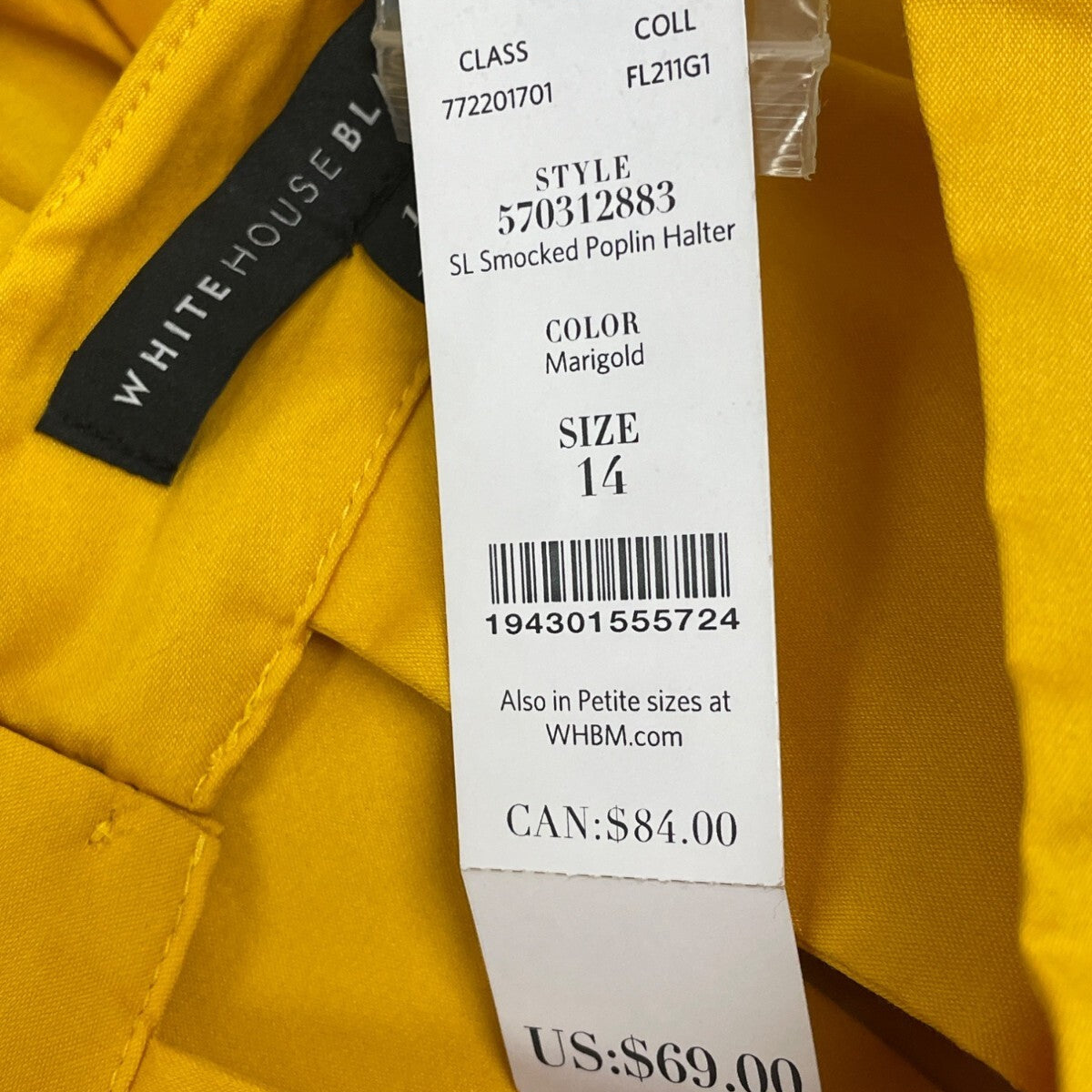 White House Black Market Yellow Sleeveless Halter Top W Keyhole Back Sz 14 - New