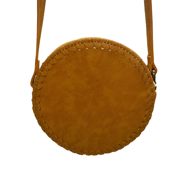 Women’s Mustard Vegan Leather Laser-Cut Adjustable Strap Round Crossbody Bag