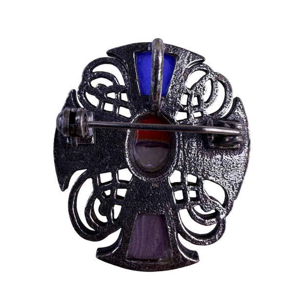 Vintage Multi-Color Metal Scottish Celtic Cross Brooch With Inlaid Colored Stone
