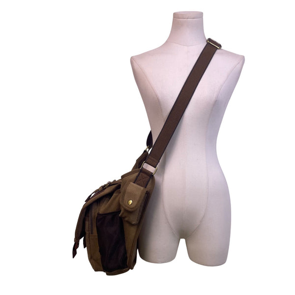 Kaukko Unisex Brown Canvas & Leather Adjustable Crossbody Strap Messenger Bag