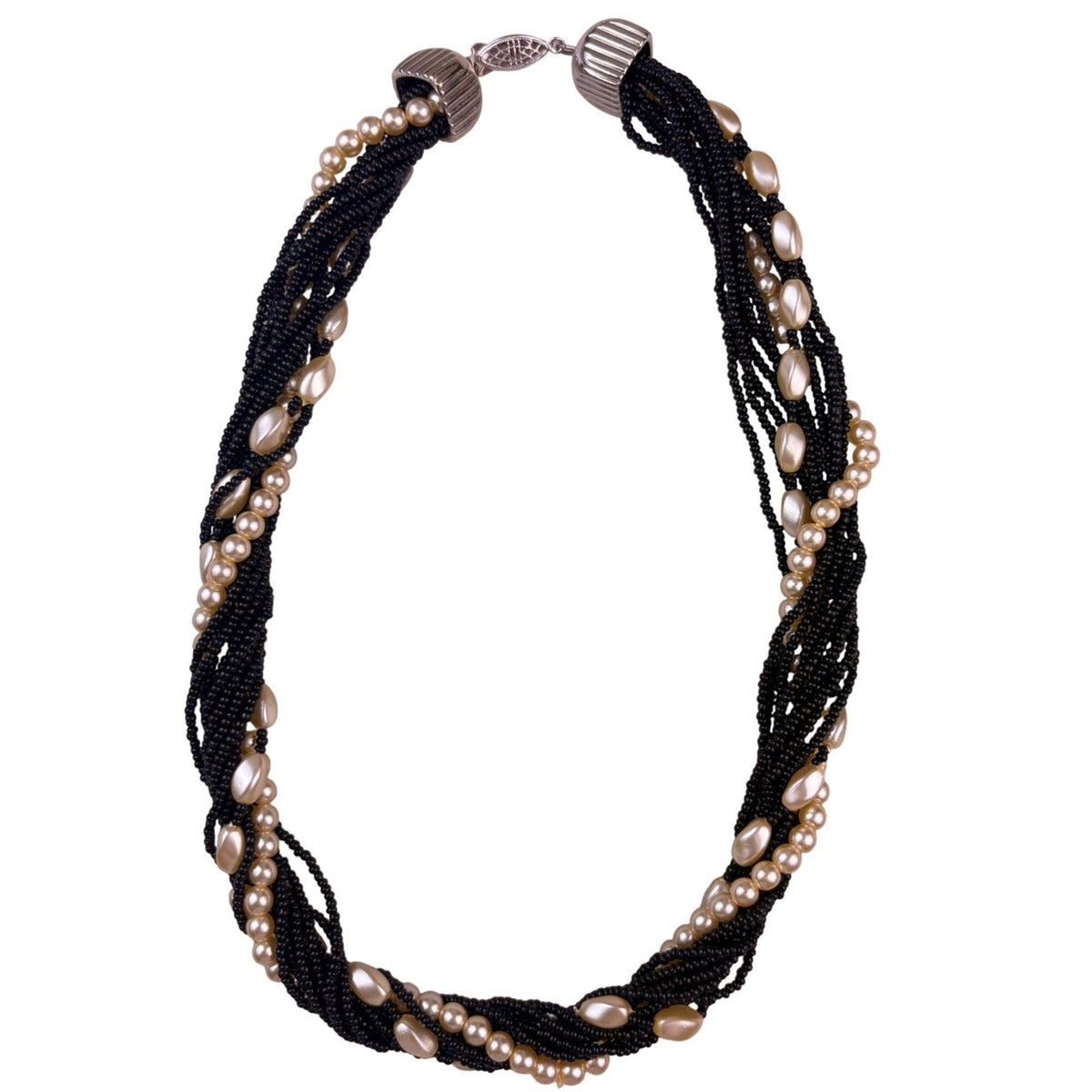 Vintage Womens Black Seed Bead & Baroque Pearl Multi-Strand Necklace 