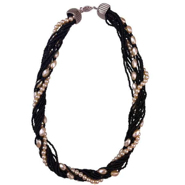 Vintage Womens Black Seed Bead & Baroque Pearl Multi-Strand Necklace 