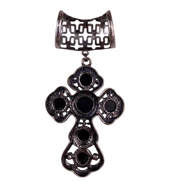 Crystal Silver Tone Black Cross Pendant For Scarf Detailed Elegant Jewelry