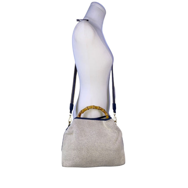 J.McLaughlin Women’s White & Blue Canvas Bamboo Handle Shoulder Bag