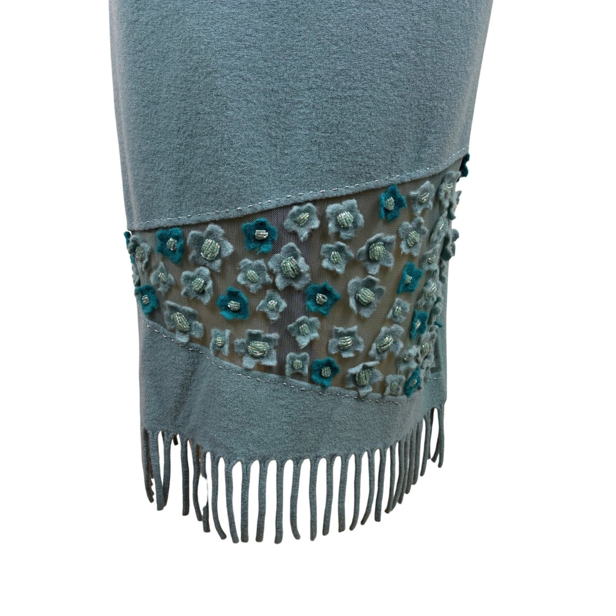 Rickie Treeman Teri Jon Womens Teal Wool Skirt & Scarf Set Fringed Floral Sz XL