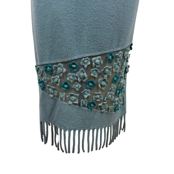 Rickie Treeman Teri Jon Womens Teal Wool Skirt & Scarf Set Fringed Floral Sz XL