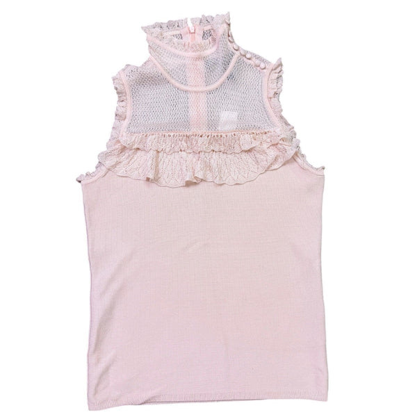 White House Black Market Womens Pink Lace Ruffled High Neck Sleeveless Top Sz XS