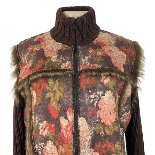 Floral Print Brown Faux Fur Coat Women’s Casual Zipper Closure Size M