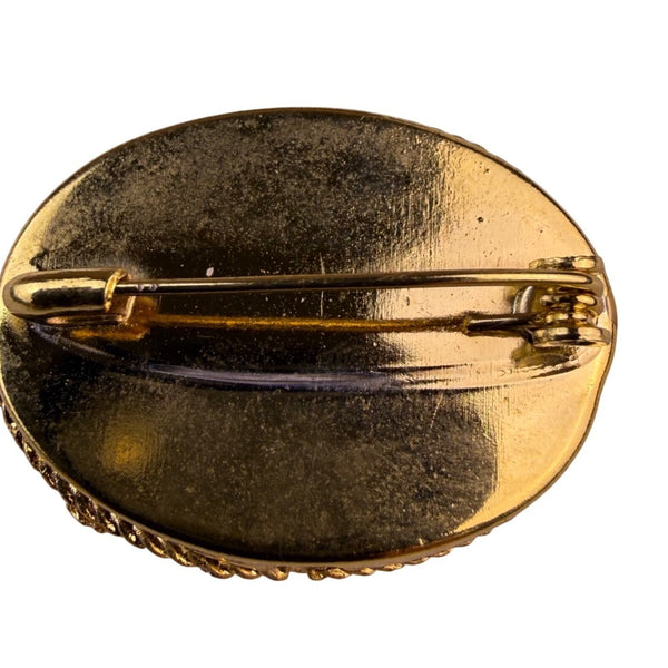 Italian Micro Mosaic Gold Tone Floral Oval Brooch Elegant Vintage Design