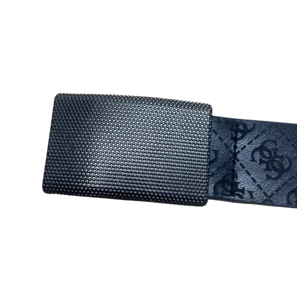 Guess Mens Black Leather Logo Belt Adjustable Polished Plaque Textured Buckle