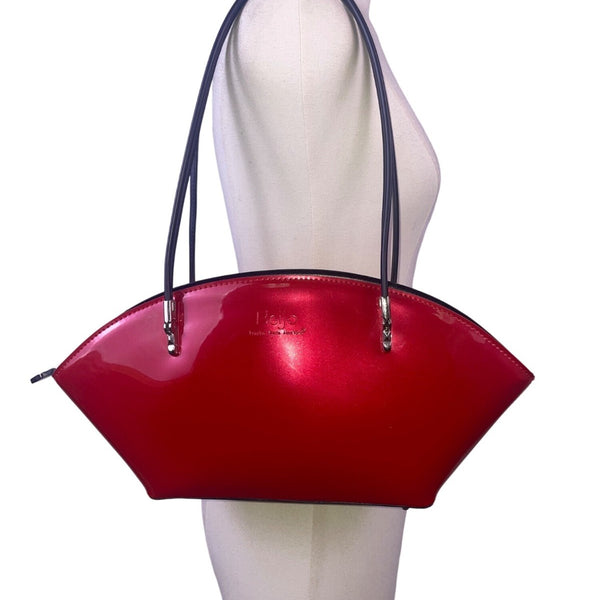 Beijo Womens Red Glossy Black Straps Chic Modern Design Tote Handbag