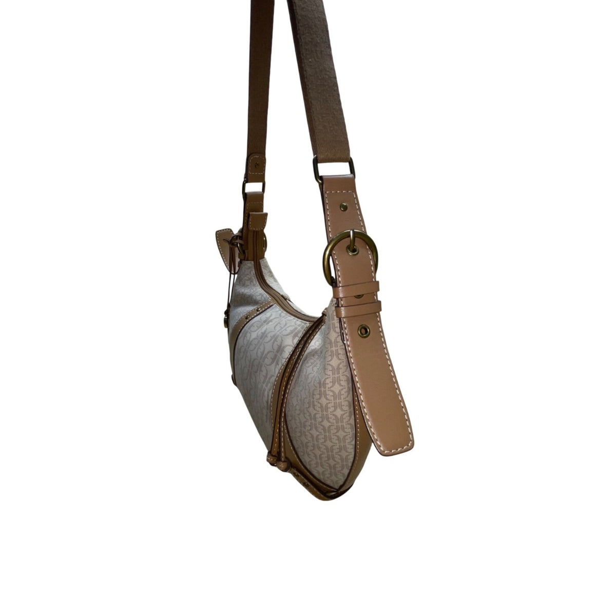 Fossil Women’s Beige Logo Pattern & Brown Leather Trim Adjustable Strap Hobo Bag