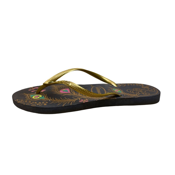 Havaianas Women’s Navy & Gold Peafowl Feather Print Slim Flip Flops Size 9US