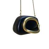 Women’s Black PU Leather With Sculptural Curved Gold Handle Crossbody Clutch