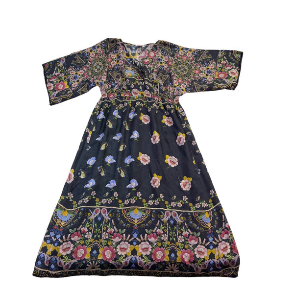 Johnny Was Womens Black Silk Floral Maxi Dress V-Neck Flowy Fit Sz XS 