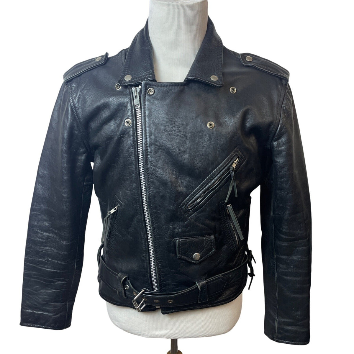 Vintage First Genine Leather Black Motorcycle Jacket With Zipper & Snap Details
